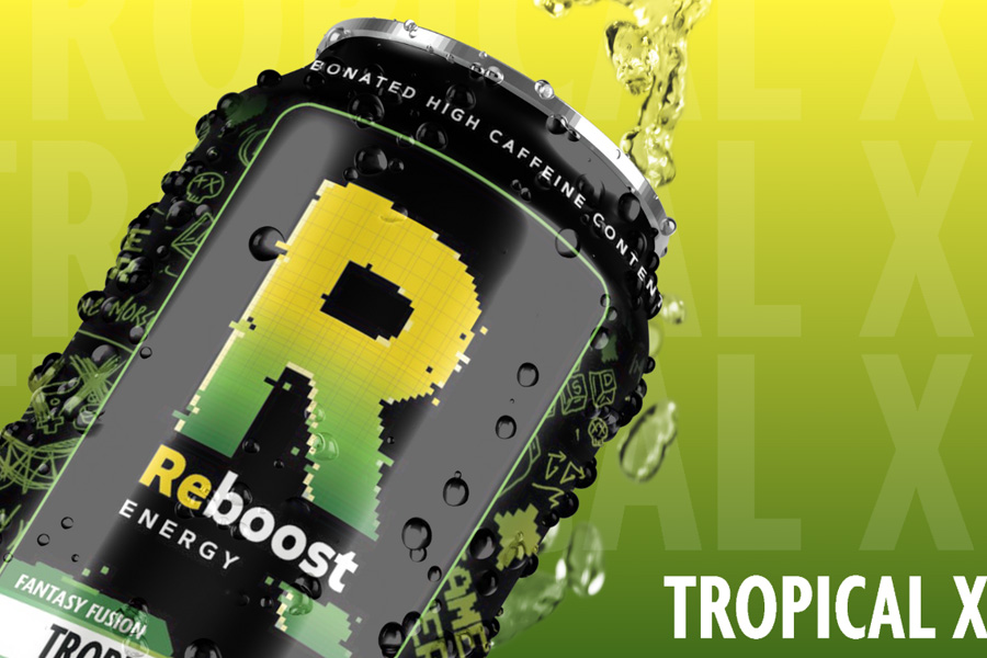 A close up of Reboost's Just One More Tropical XP flavoured energy drink packaging design