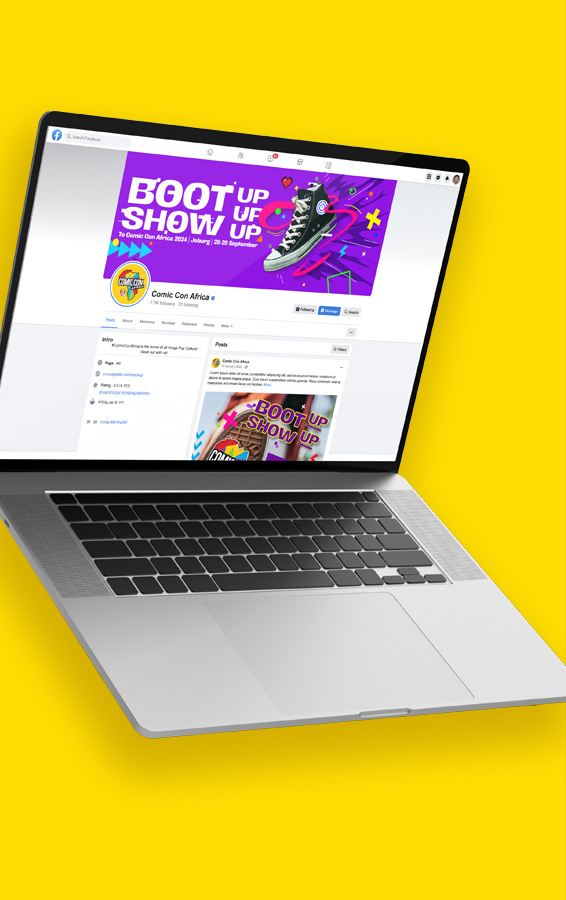 Comic Con Africa's Boot Up campaign Facebook advert on a laptop