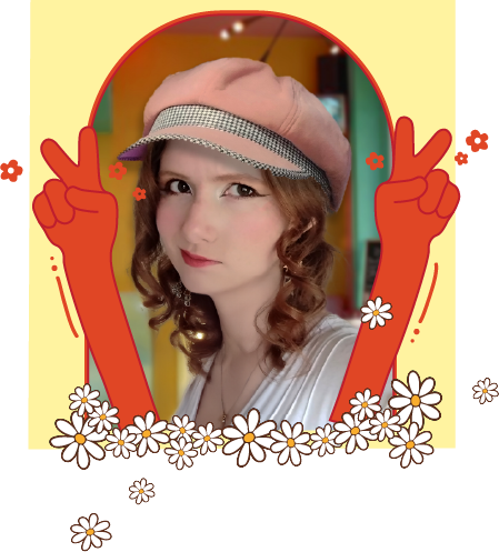 A photo of the communication designer Ginj in a retro, daisy frame. 