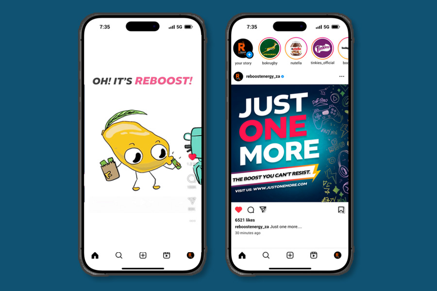 Phone mockups of Reboost's Just One More campaign social media posts
