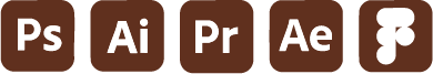 Photoshop, Illustrator and After Effects Adobe icons used to create this project